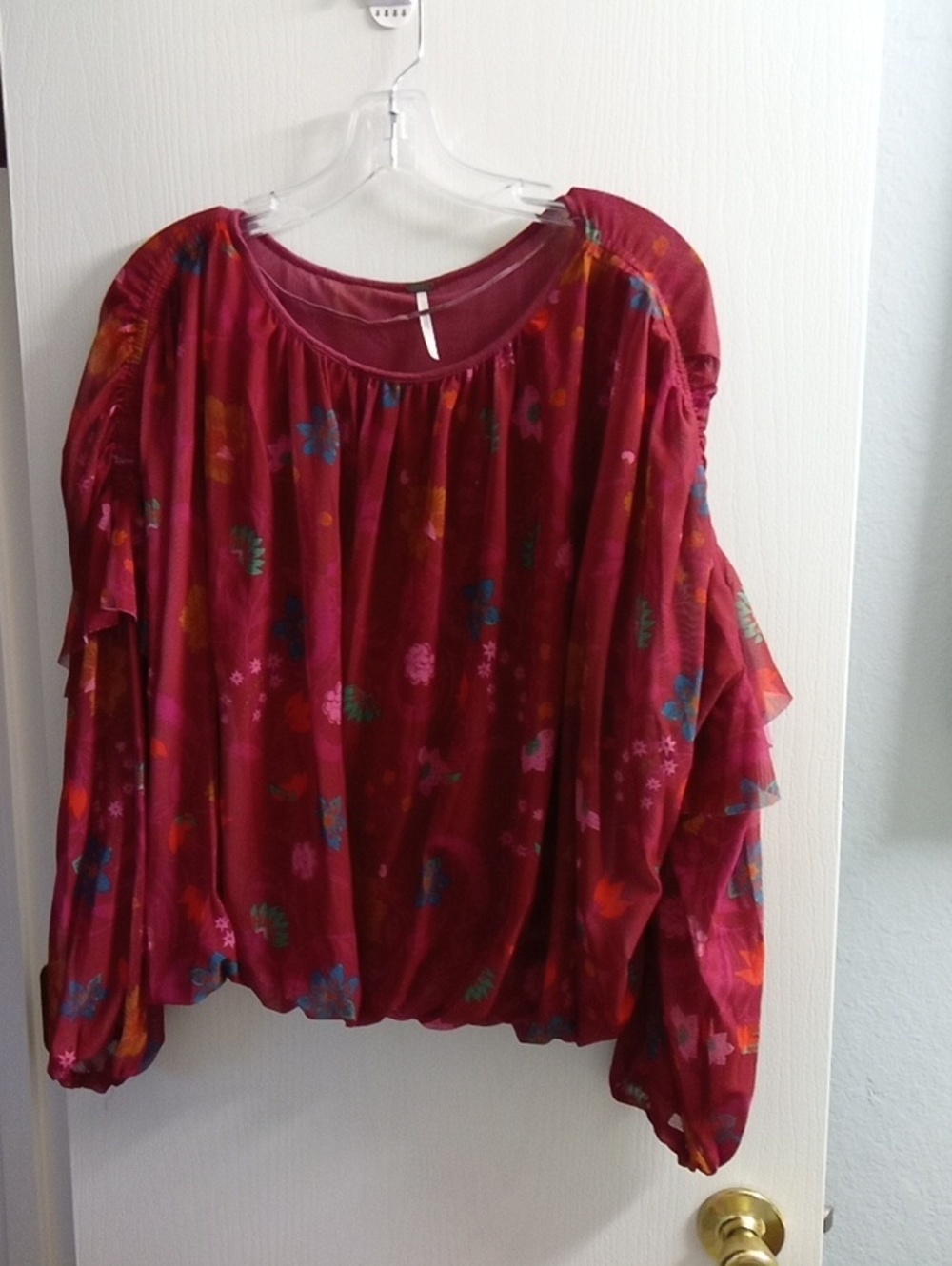 Free People Red Floral Peasant Blouse